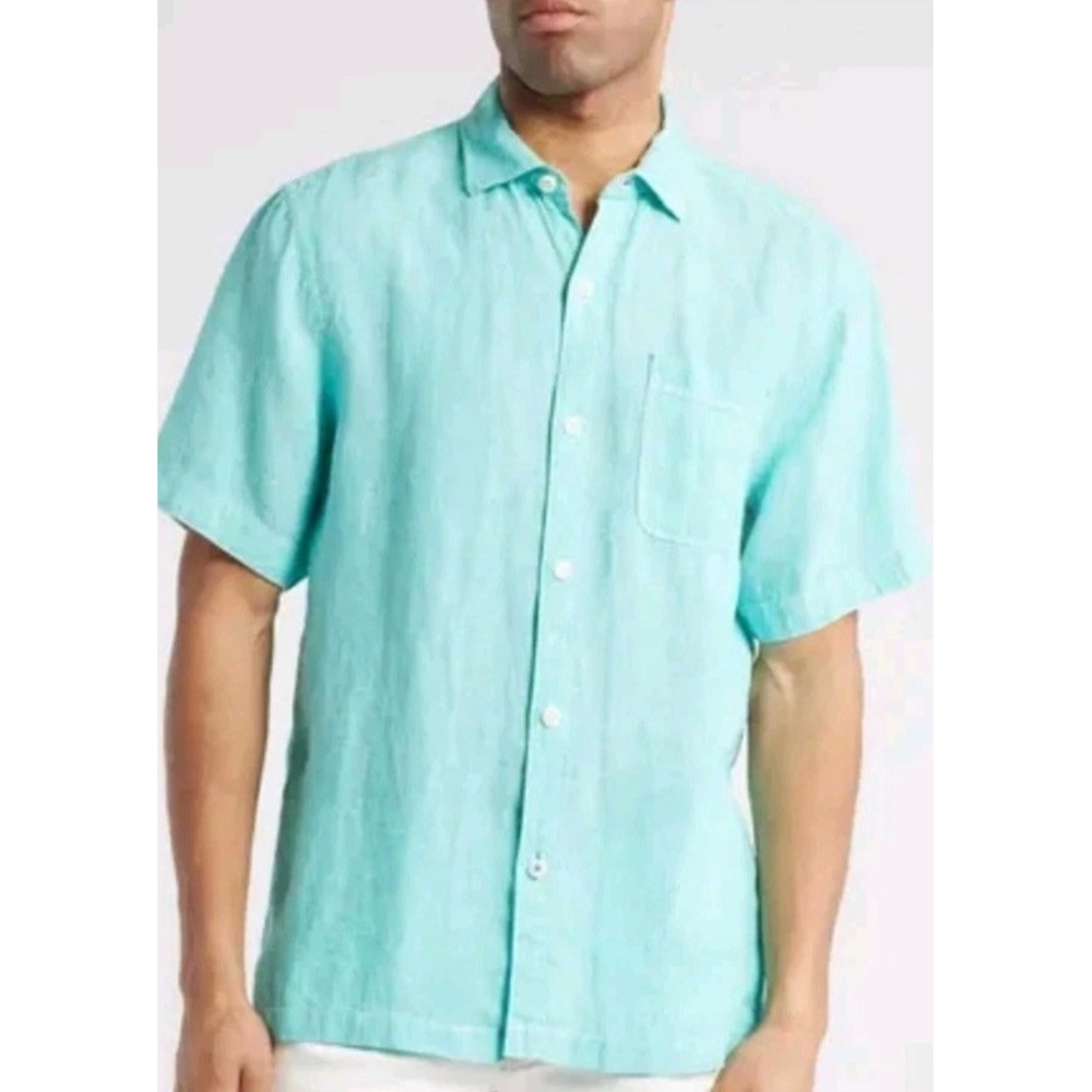 Tommy‎ Bahama Mens Size XL 100% Linen Plaid Blue Button Up Shirt Short Sleeve